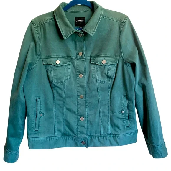 Liverpool Shale Green Denim Button Front Pocket Jean Hip Length Jacet - Picture 1 of 8